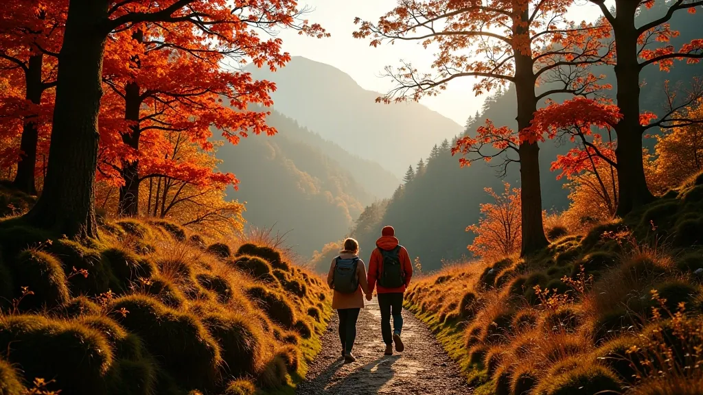 Autumn forest landscape with golden and red foliage on trees surrounding a hiking trail in misty mountain terrain