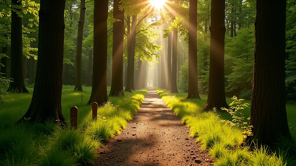 Forest hiking trail with tall trees, dappled sunlight filtering through canopy, winding path stretching into dense woodland