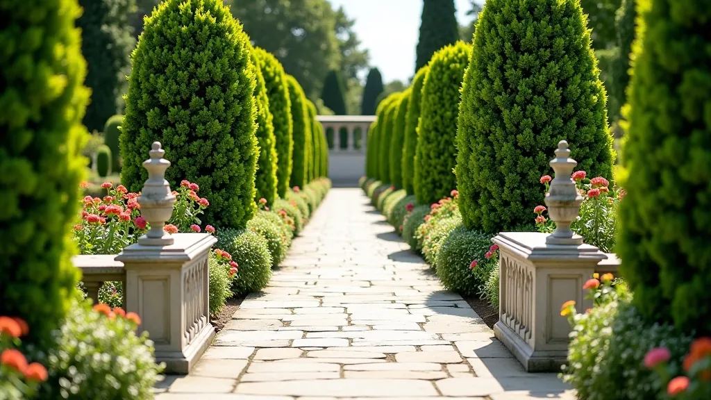 Formal garden with stone pathways, manicured hedges, flower beds, and classical garden architecture