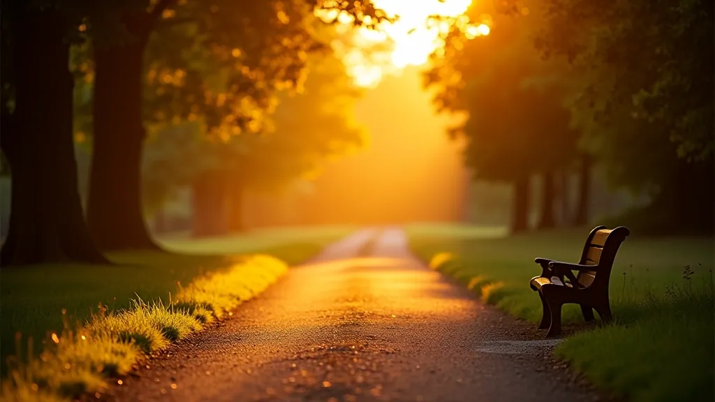 Golden hour sunset lighting over peaceful walking path with long shadows, quiet peaceful moment at rest stop bench