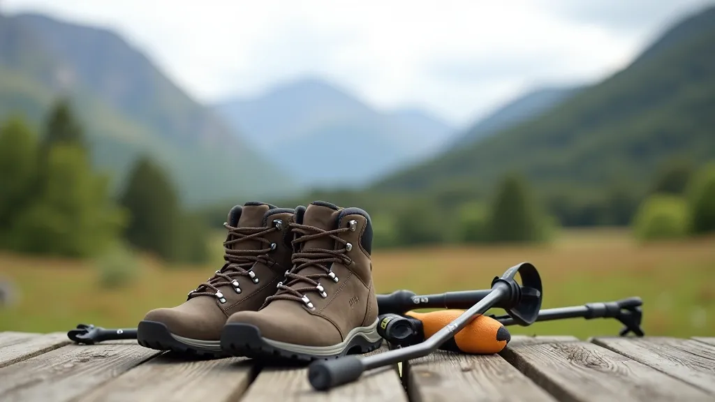 Hiking boots and trekking poles arranged on outdoor wooden surface with mountains blurred in background, outdoor gear photography