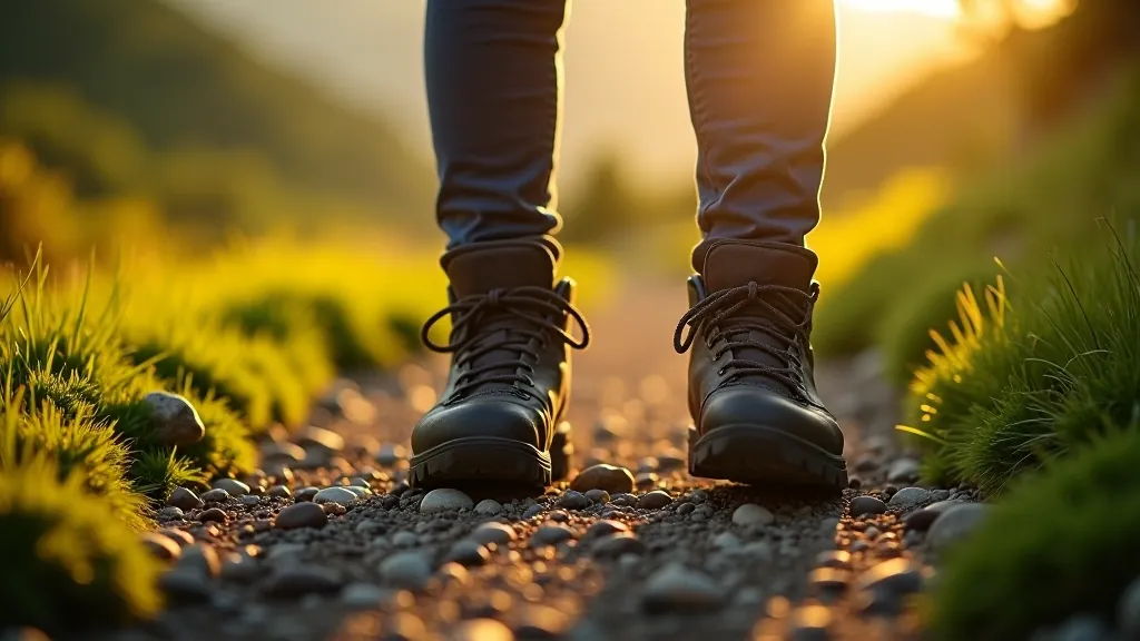 Hiking boots on mountain trail at Powerscourt