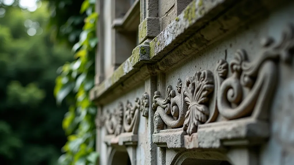 Close-up of stone architectural detail on estate building, showing carved decorative elements and aged stonework with ivy
