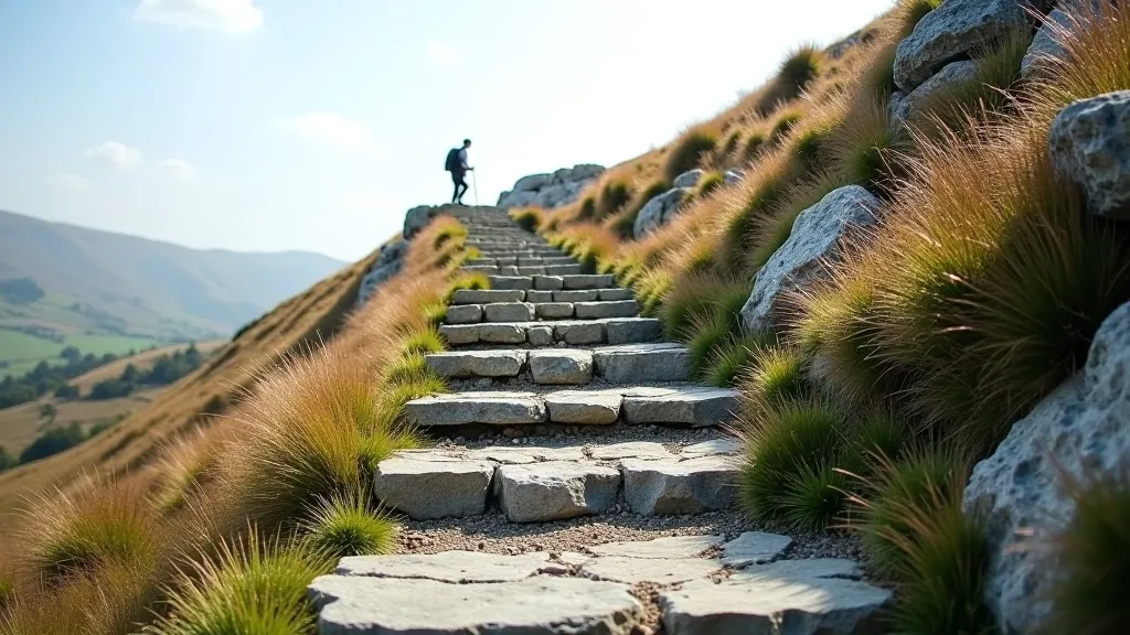 Rocky mountain slope with exposed stone steps and natural hiking trail ascending through moorland vegetation