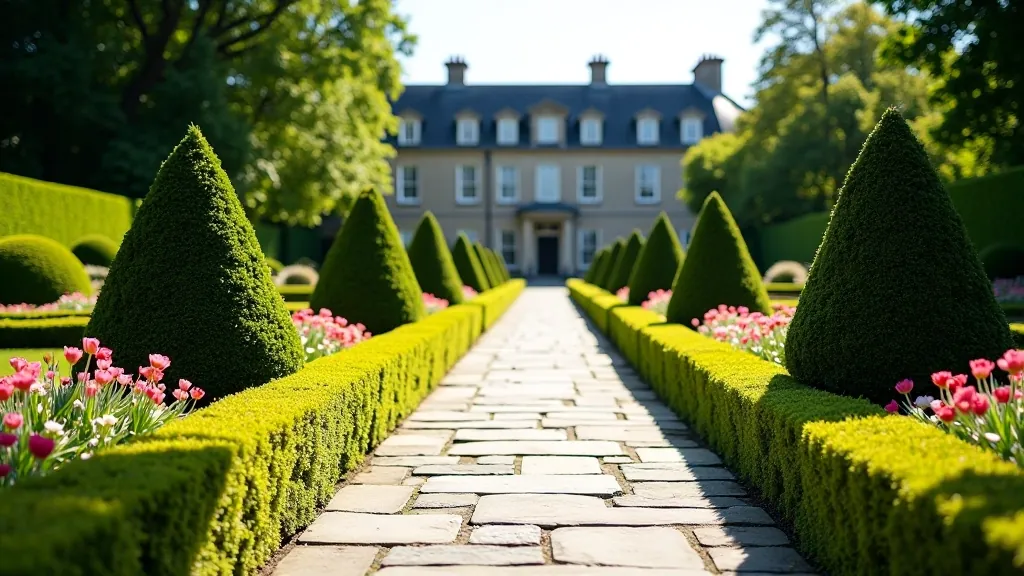 Stone pathway lined with flowering borders, leading through formal garden with topiary and estate building visible in distance