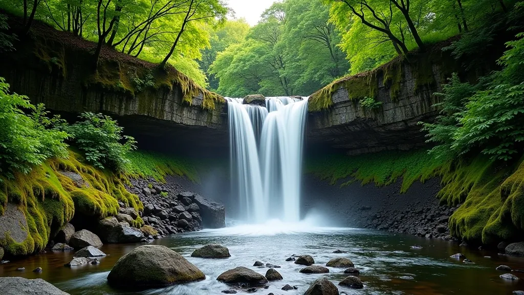 Waterfall flowing down mountain rocks with mist, natural water feature in forested valley setting