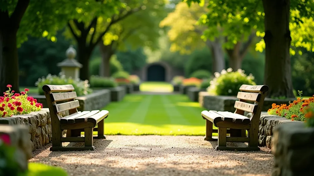 Wooden bench in garden setting with flowers and stone walls, peaceful resting spot in formal gardens with dappled light