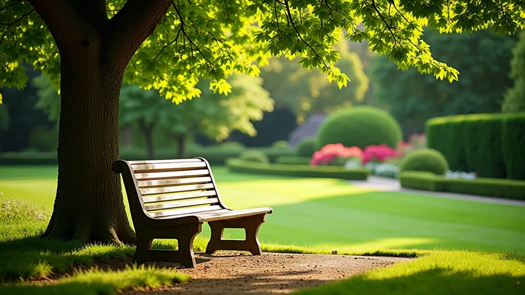 Wooden park bench in shade of mature tree, overlooking formal gardens with flowering plants, peaceful garden setting