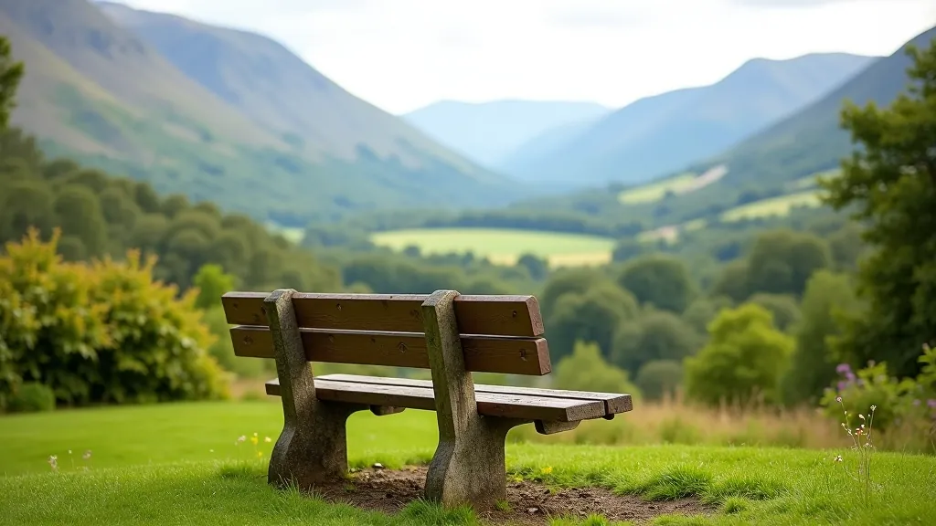 Wooden park bench on viewpoint overlooking valley landscape with rolling hills and distant mountains